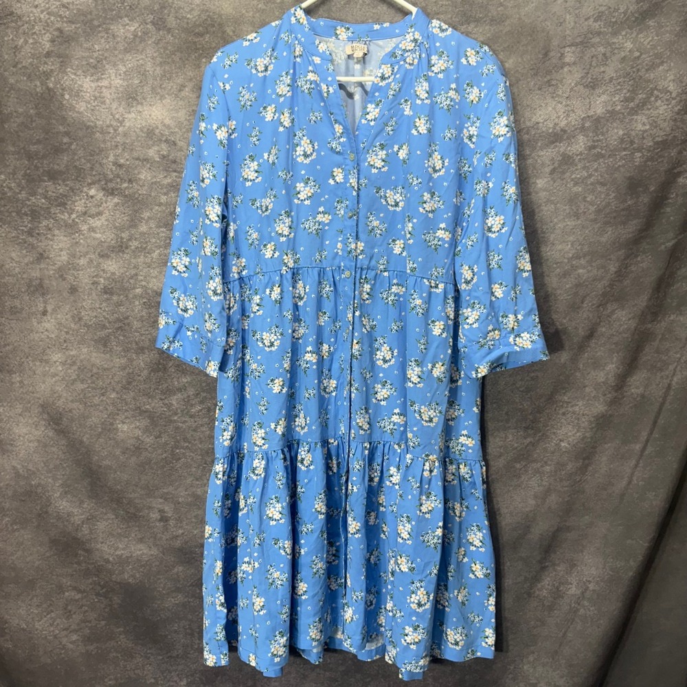 Badgley Mischka Odessa Tiered Midi Dress Size L Light Blue Ditsy Floral Cottage